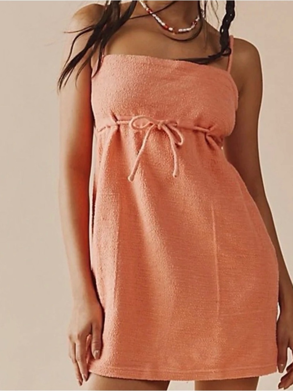 Free People Beach Rosie Empire Waist Mini Dress Coral Orange Terrycloth Sz XS